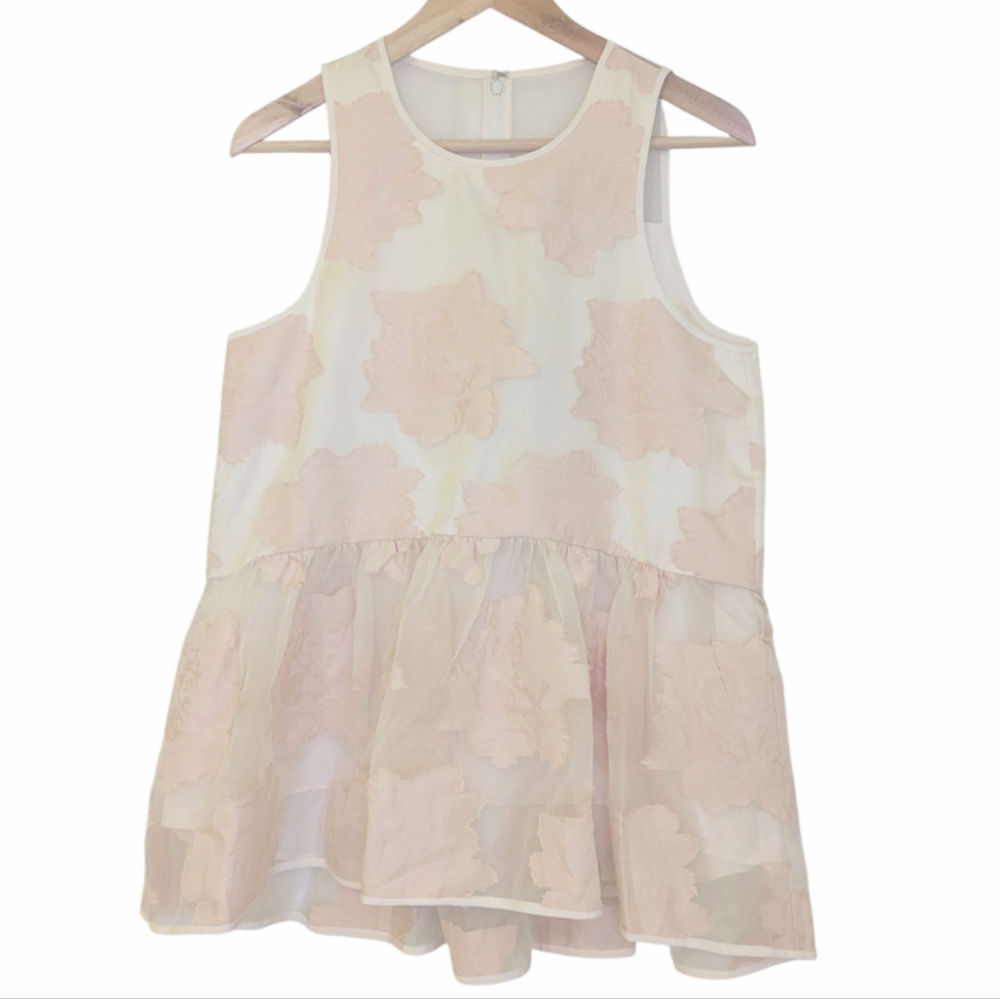 Tibi Ayame Fil Coupe Floral Cream and Pink Peplum Top Size 8